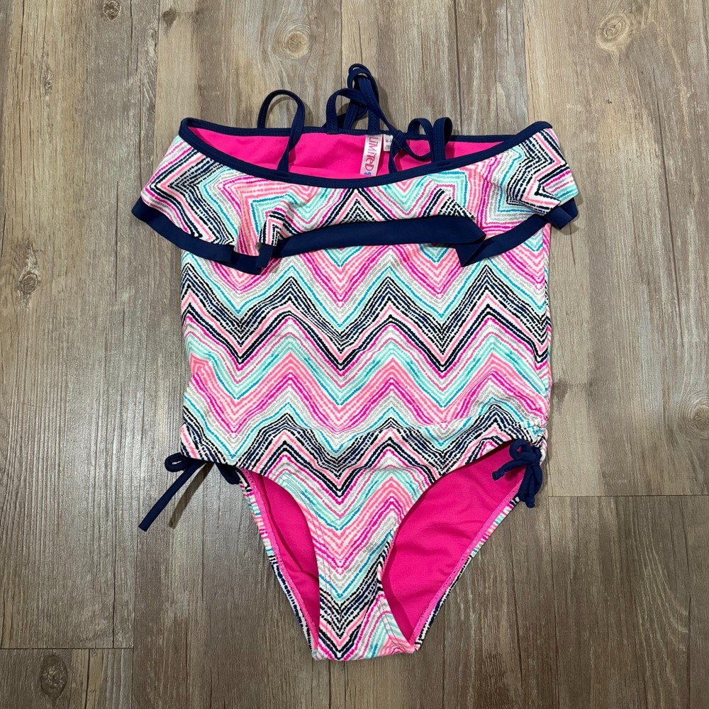 Limited Too One Piece Swimsuit Girls Medium 10/12 Multicolor Chevron Side Ties‎